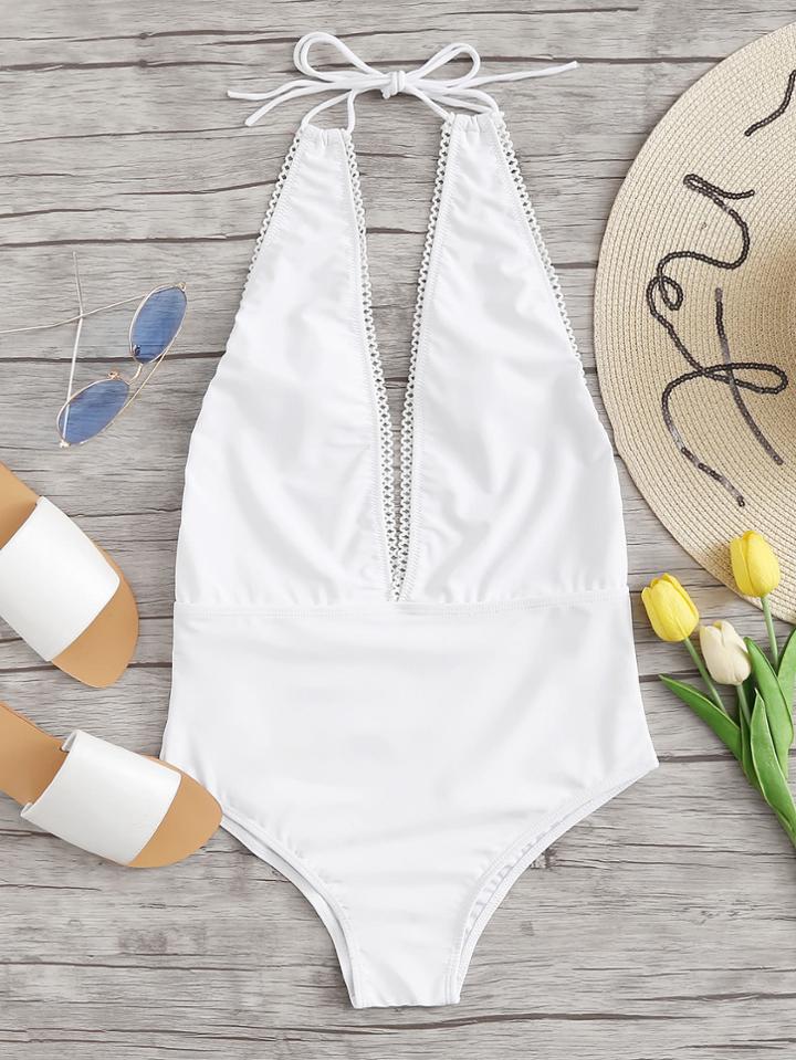 Romwe Deep V Plunge Backless Swimsuit