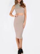 Romwe Apricot Mock Neck Ribbed Top With Skirt