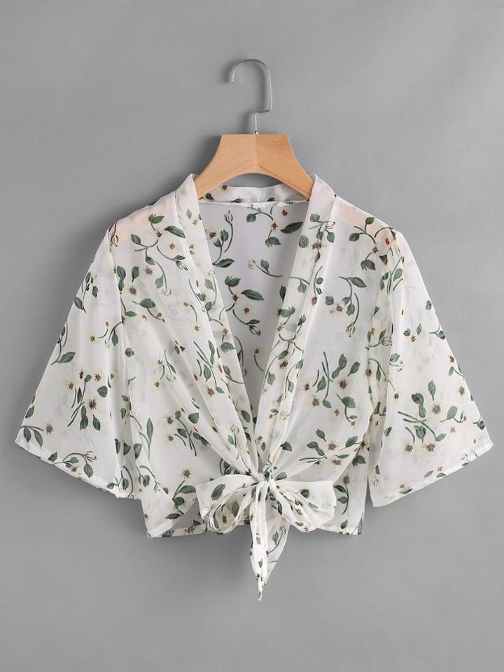 Romwe Floral Print Self Tie Open Front Top