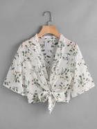 Romwe Floral Print Self Tie Open Front Top