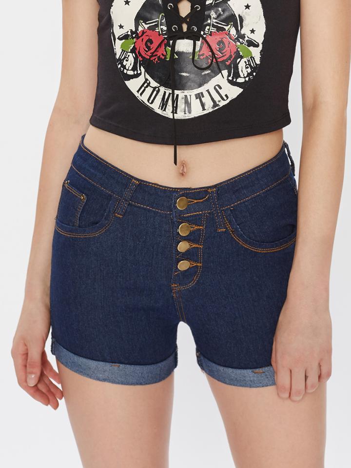 Romwe Single Breasted Cuffed Denim Shorts