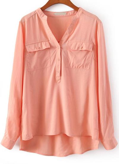 Romwe Pockets V Neck Pink Blouse