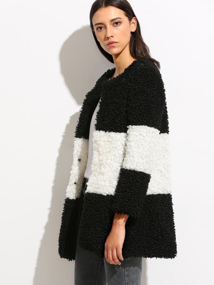 Romwe Color Block Collarless Fluffy Coat