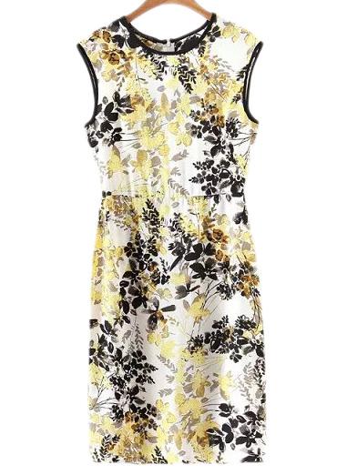 Romwe Yellow Sleeveless Contrast Piping Zipper Back Printed Dress