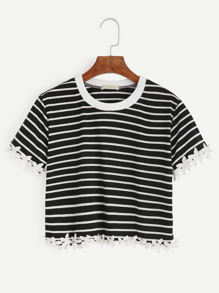Romwe Black Striped Flower Applique Trim T-shirt