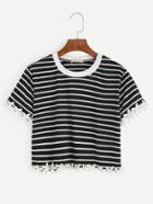 Romwe Black Striped Flower Applique Trim T-shirt