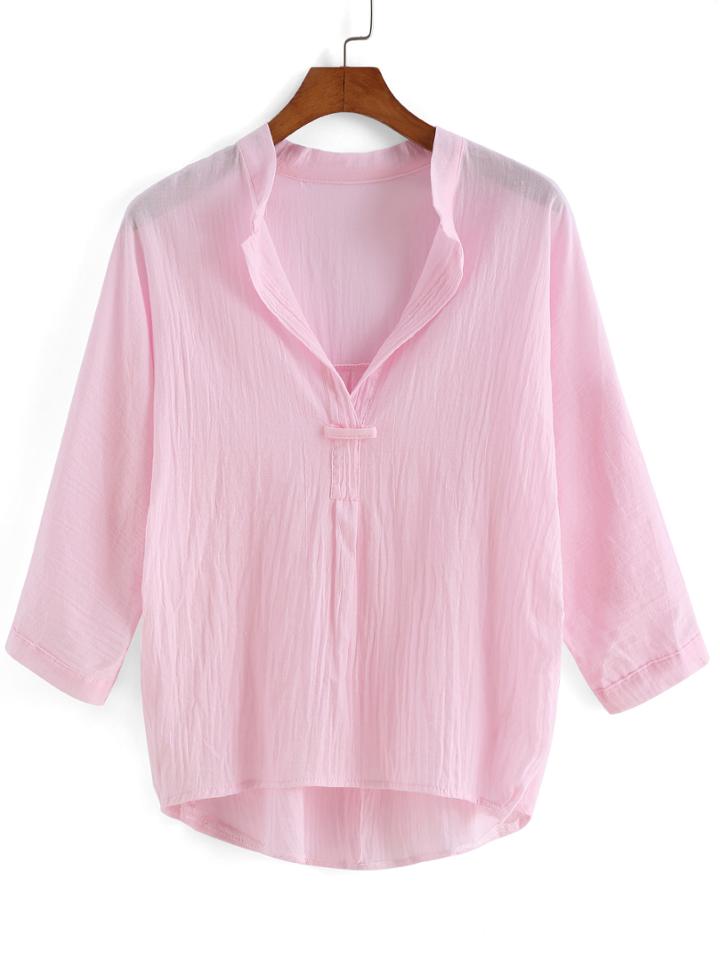Romwe V Neck Dip Hem Pink Blouse