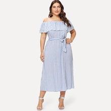 Romwe Plus Off Shoulder Tired Striped Dress