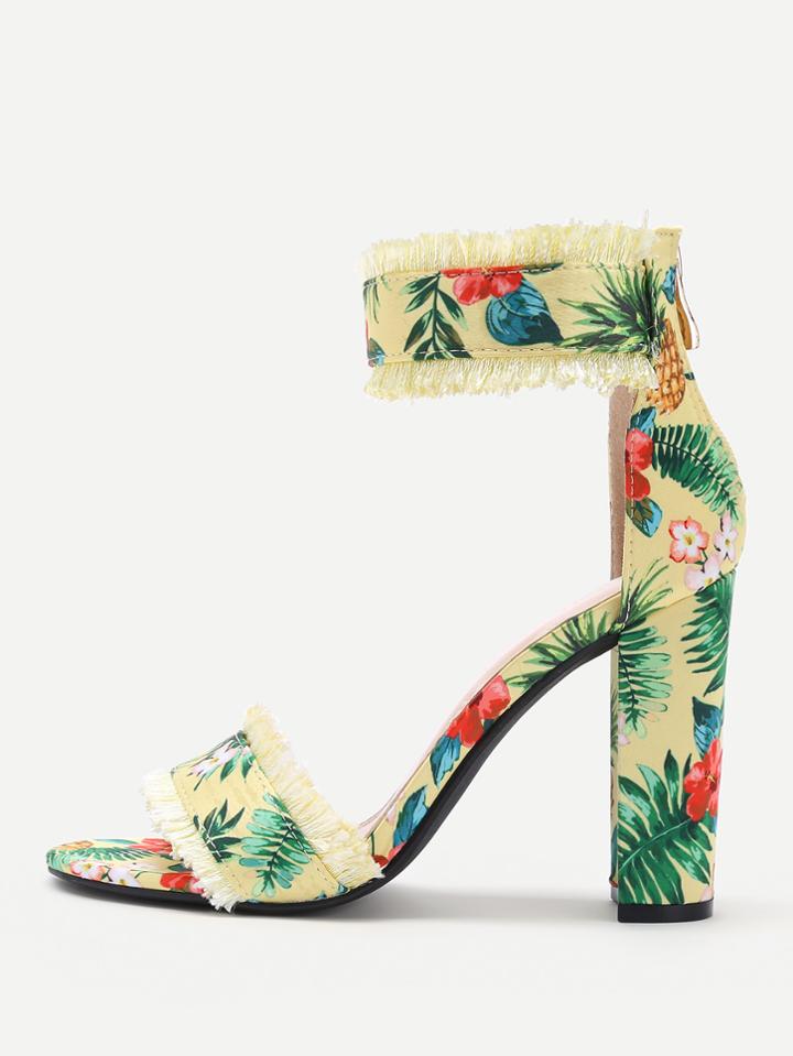 Romwe Flower Print Two Part Block Heeled Sandals
