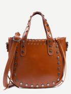 Romwe Brown Studded Whipstitch Tote Bag With Strap