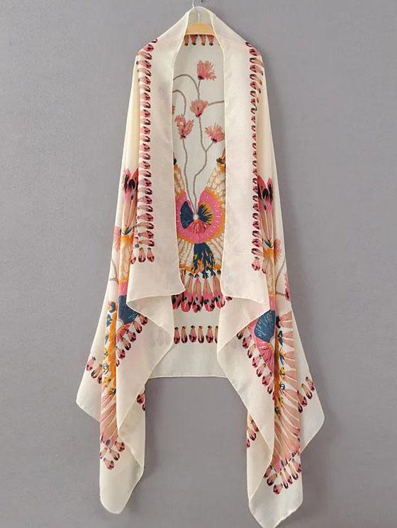 Romwe Beige Floral And Feather Print Scarf