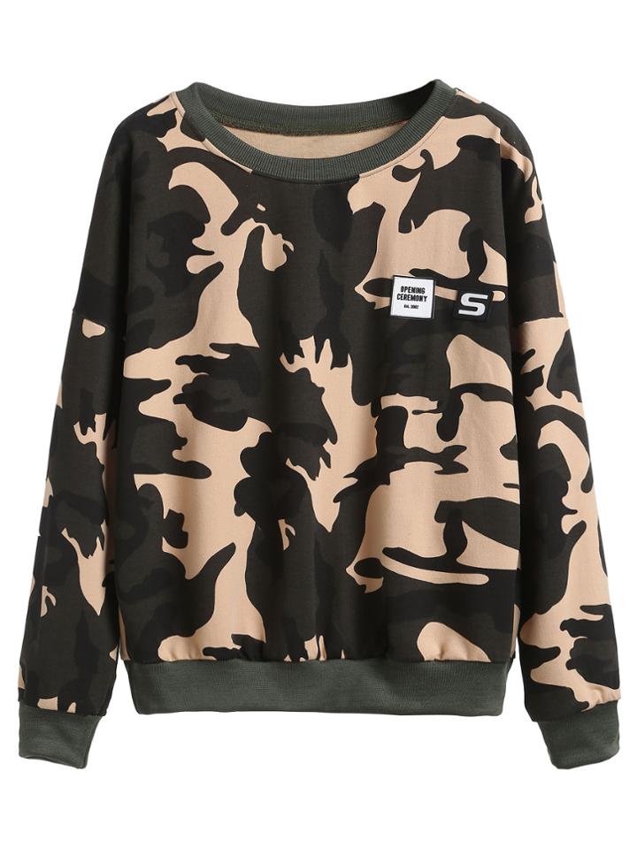 Romwe Camo Print Drop Shoulder Sweatshirt With Letters Print Patches