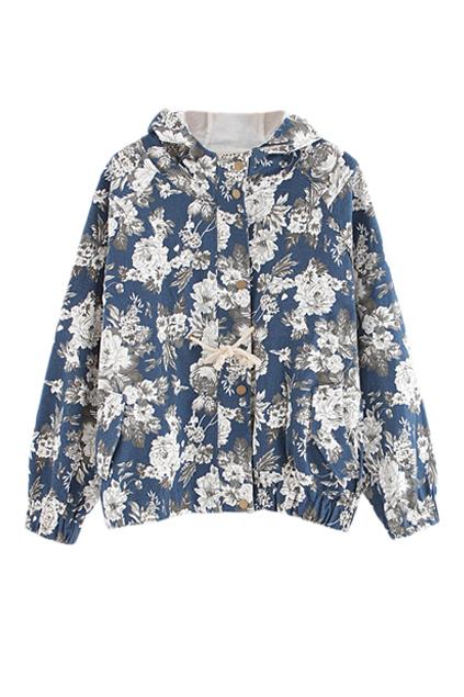 Romwe Floral Print Loose Hoodied Coat