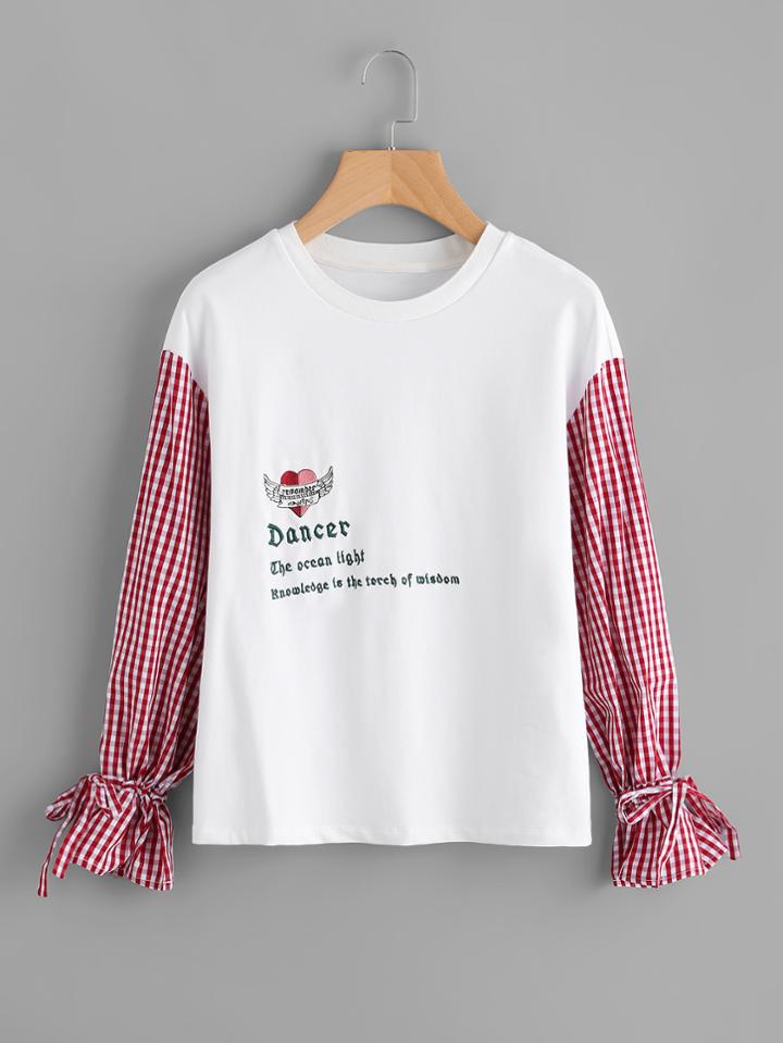 Romwe Gingham Sleeve Embroidered Mixed Media Tee