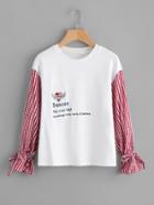 Romwe Gingham Sleeve Embroidered Mixed Media Tee