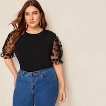 Romwe Plus Swiss Dot Mesh Sleeve Top
