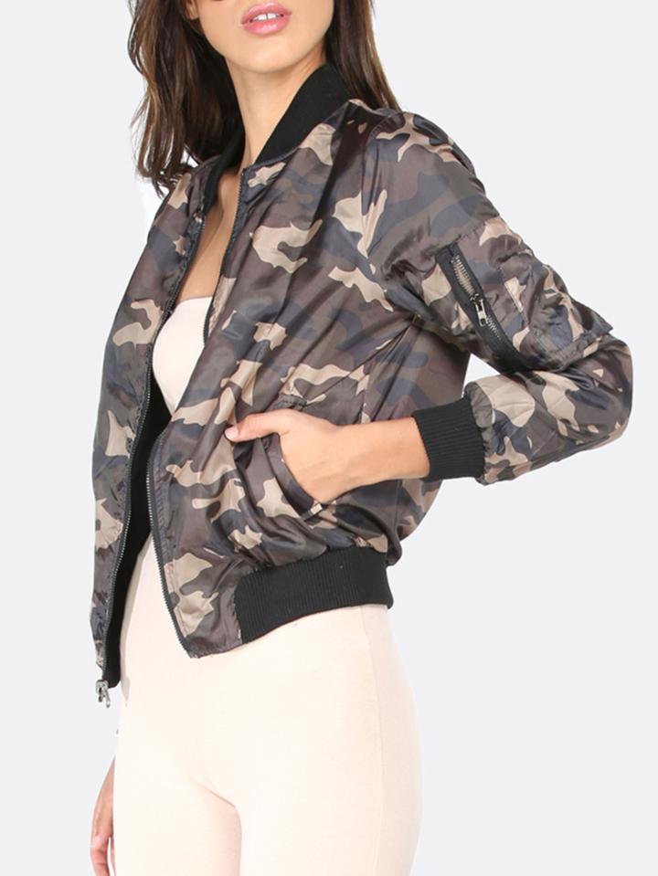 Romwe Camouflage Casual Zipper Pocket Long Sleeve Jacket