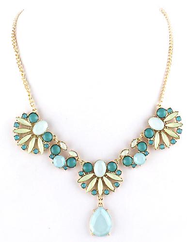 Romwe Blue Gemstone Gold Leaves Chain Necklace