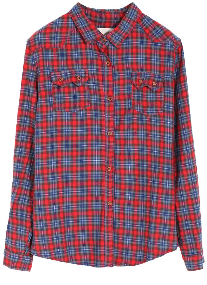 Romwe Plaid Pockets Buttons Red Blouse