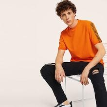 Romwe Guys Neon Orange Mock-neck Checked Sleeve Tee