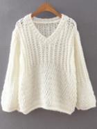 Romwe White V Neck Loose Knit Sweater