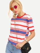 Romwe Ribbed Neck Colorful Striped T-shirt