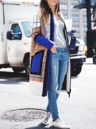 Romwe Brown Blue Color Block Check Coat