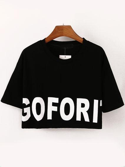 Romwe Black Letters Print Crop T-shirt