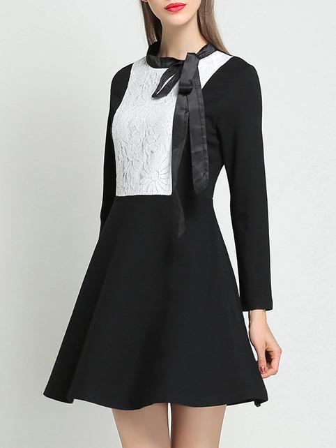 Romwe Black Contrast Lace Insert Tie Neck Skater Dress