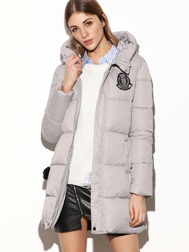Romwe Grey Hooded Zipper Patch Padded Coat