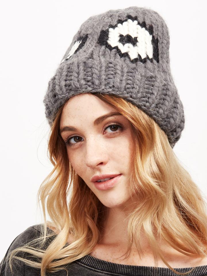 Romwe Grey Cute Eye Pattern Beanie Hat