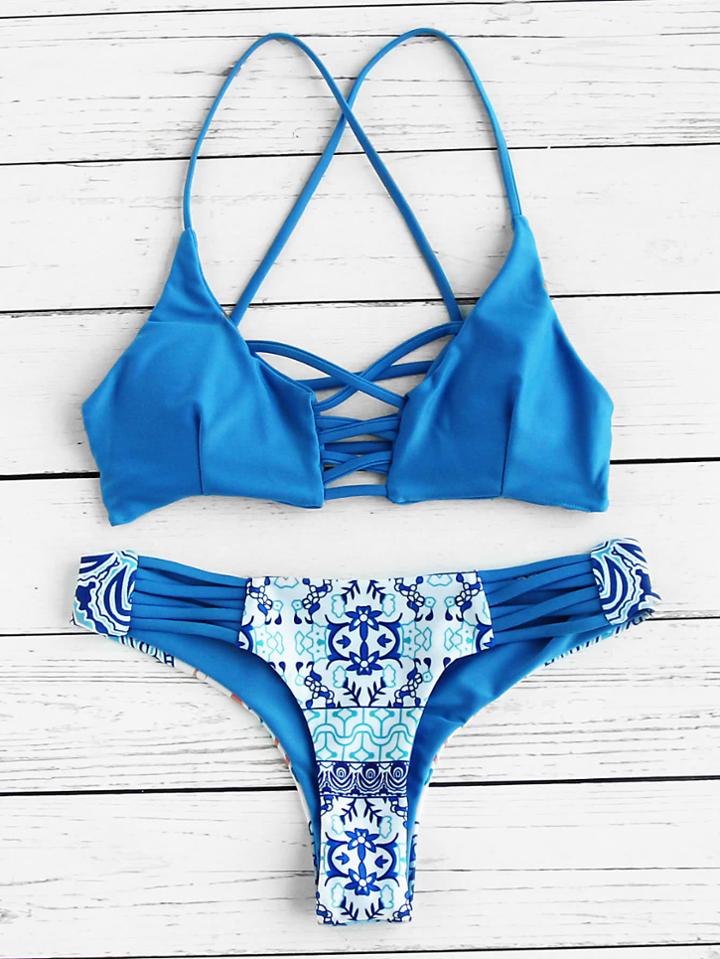 Romwe Printed Criss Cross Bikini Set