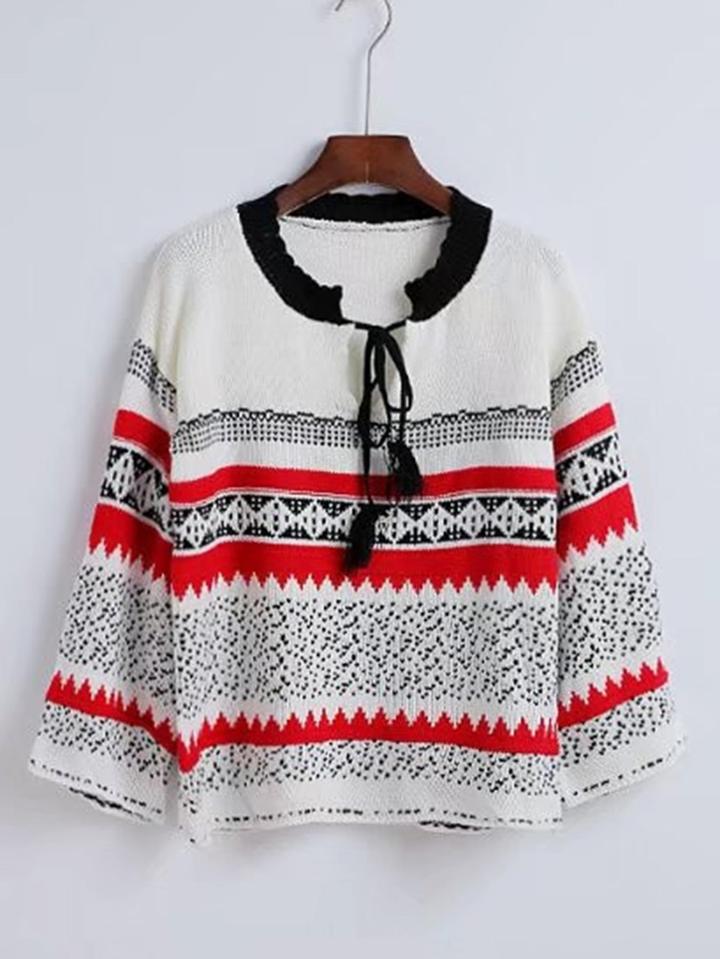 Romwe Tassel Tie Neck Geometric Pattern Knitwear