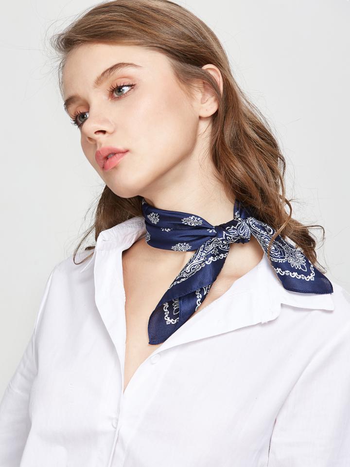 Romwe Navy Printed Elegant Square Scarf