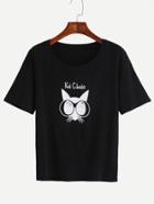 Romwe Black Cat Print Drop Shoulder T-shirt