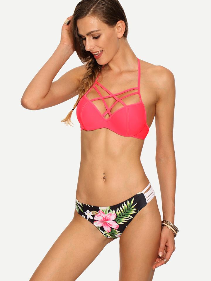 Romwe Multicolor Strappy Flower Print Mix & Match Bikini Set