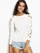 Romwe White Lattice Sleeve Hollow Out Sweater
