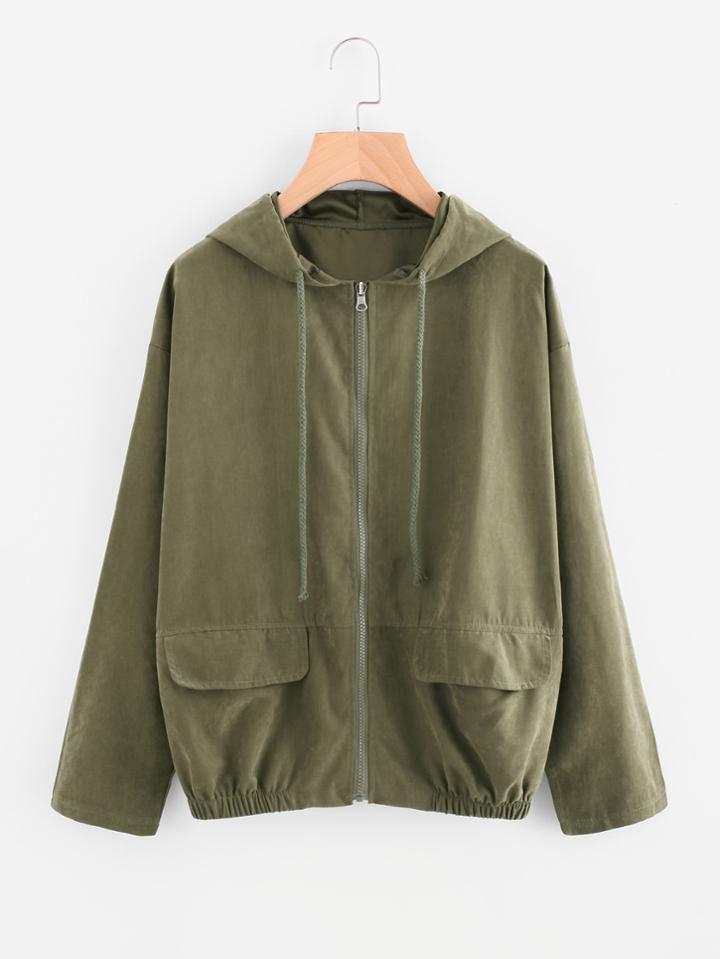 Romwe Drop Shoulder Hooded Zip Up Jacket