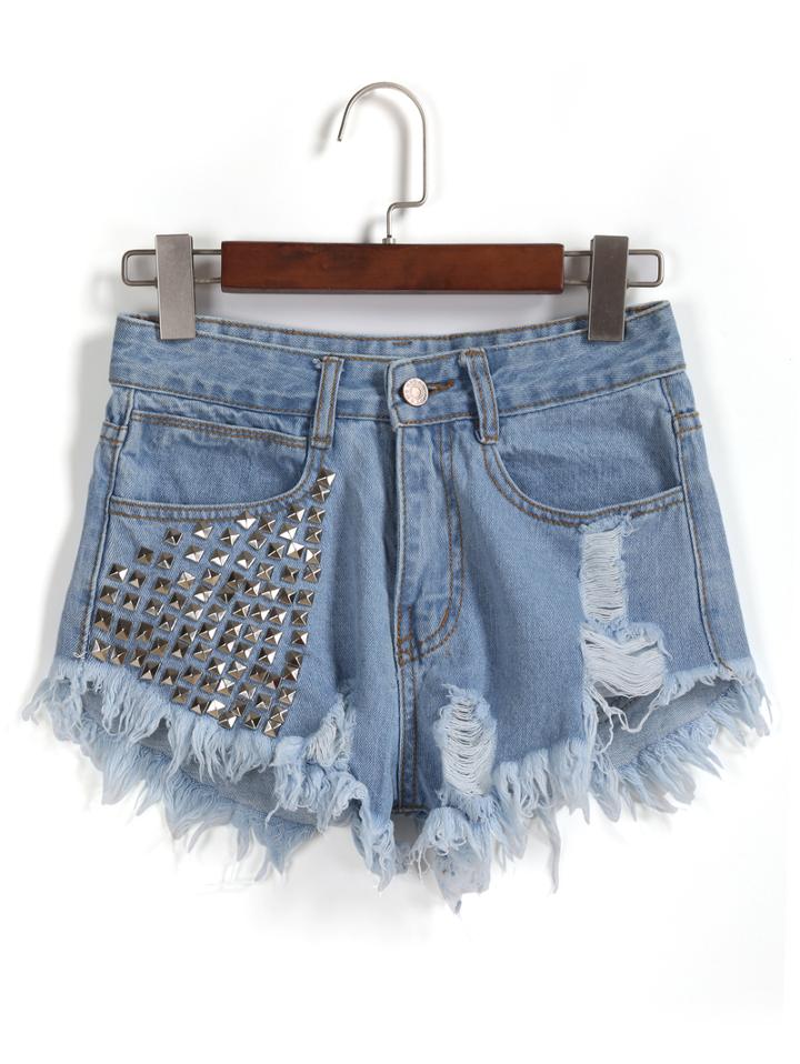 Romwe With Rivet Ripped Fringe Denim Pale Blue Shorts