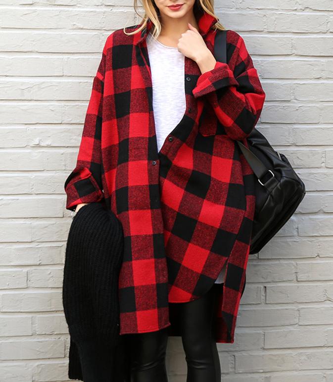Romwe Lapel Plaid Buttons Long Blouse