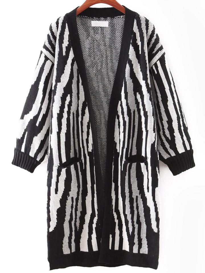 Romwe Black And White Printed Elastic Cuff Cardigan
