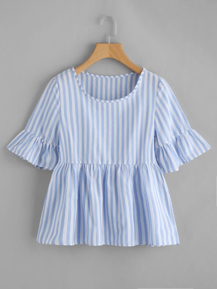 Romwe Contrast Striped Frill Cuff Smock Blouse
