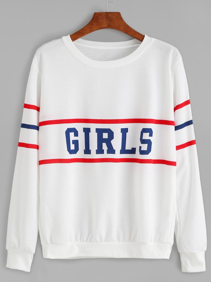 Romwe White Varsity Print Round Neck Sweatshirt