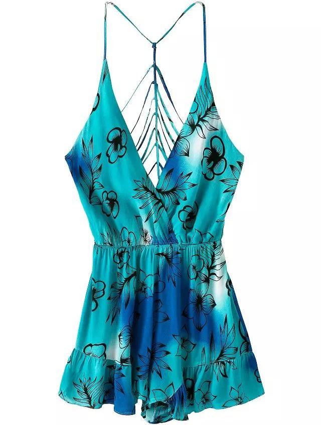 Romwe Spaghetti Strap Hollow Flower Print Jumpsuit