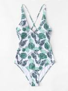 Romwe Cross Open Back Tropical Print Swimsuit