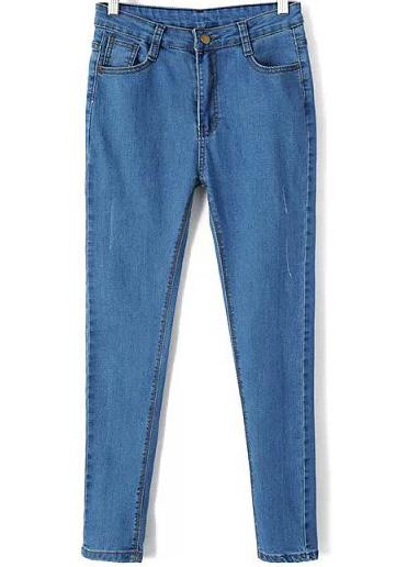 Romwe Blue Pockets Slim Denim Pant