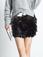 Romwe Women Sequined A-line Black Skirt