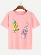 Romwe Pink Bottle Print T-shirt