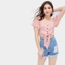 Romwe Single Breasted Knot Hem Crop Blouse