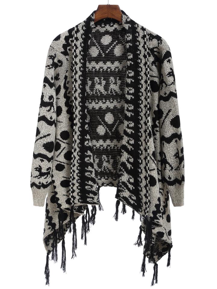 Romwe Animal Pattern Tassel Apricot Coat
